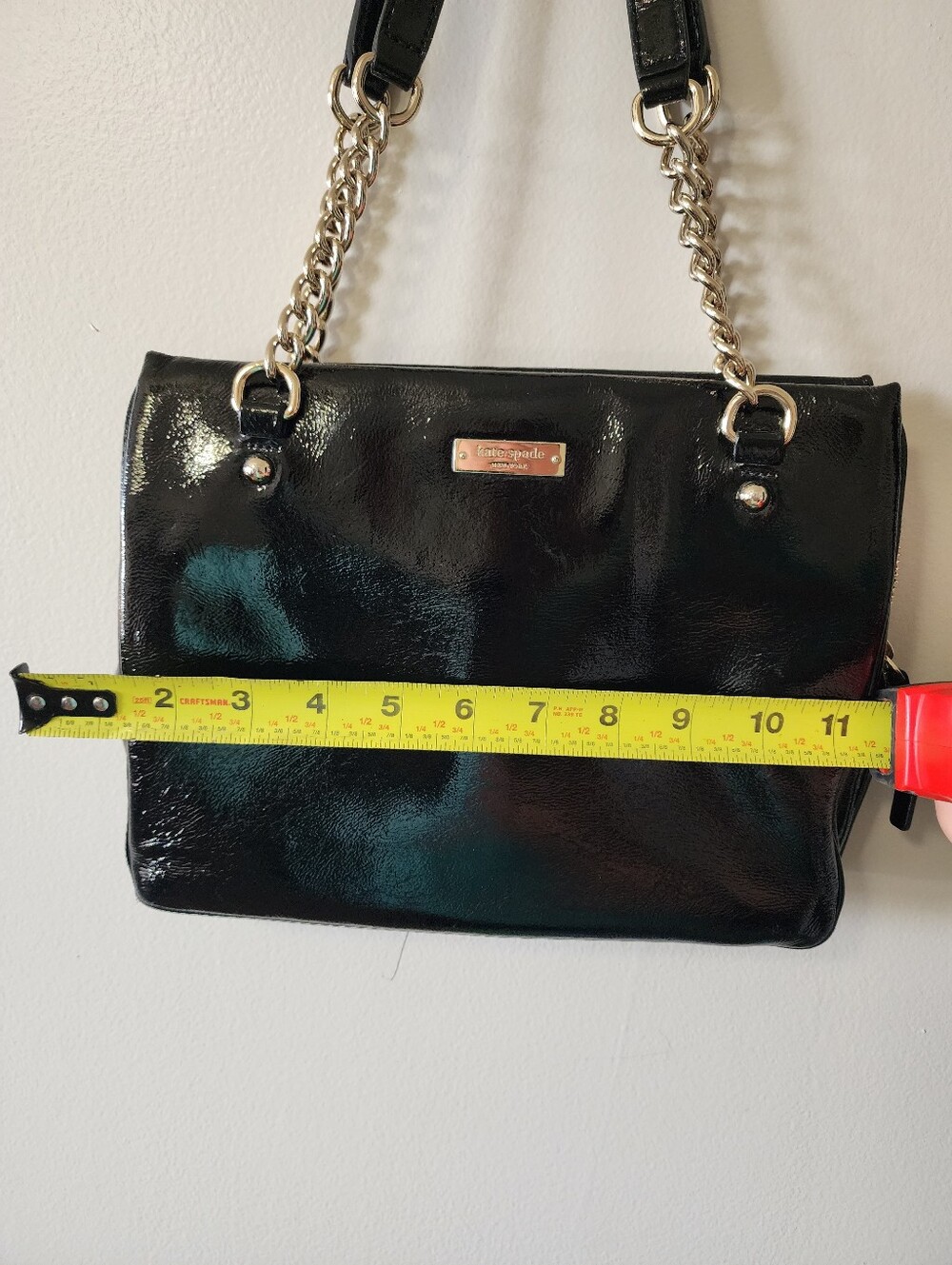 Kate Spade New York Black Patent Leather Chain Shoulder Bag Tote - Picture 12 of 14